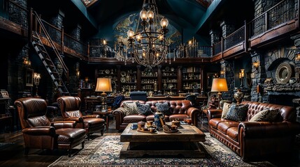 Fototapeta na wymiar Gothic-Inspired Library Lounge with World Map Fresco and Leather Elegance