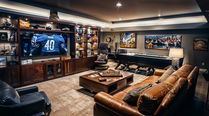 Inviting Game Day Den with Leather Recliners and Sports Memorabilia