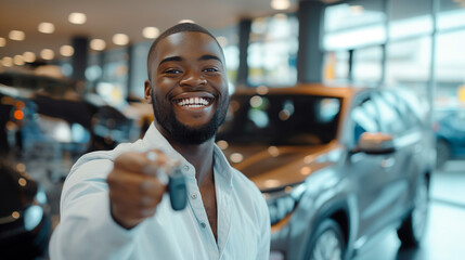Smiling man holding a car key in a dealership, representing a new car purchase concept, with cars in the background. Generative AI