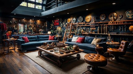Eclectic Game Room with Vintage Sofas and Nautical Accents