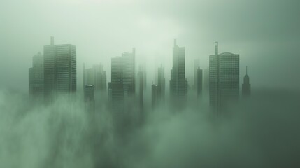 Image of a foggy city skyline, with skyscrapers partially obscured by mist.