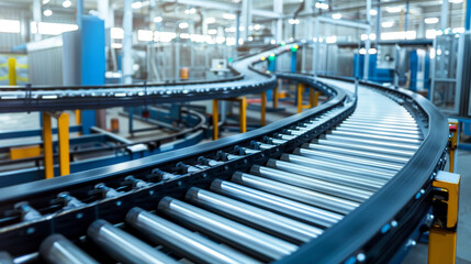 A close-up view of a conveyor belt in a factory setting with a modern industrial background, concept of manufacturing. Generative AI