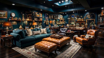 Elegant Teal Lounge with Leather Ottomans and Curated Wall Art