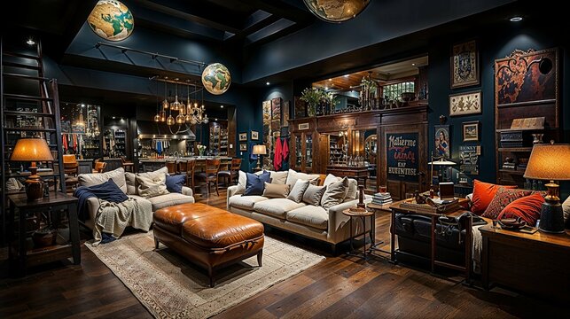 Vintage-Inspired Lounge with Globes and Leather Ottomans for the Worldly Traveler