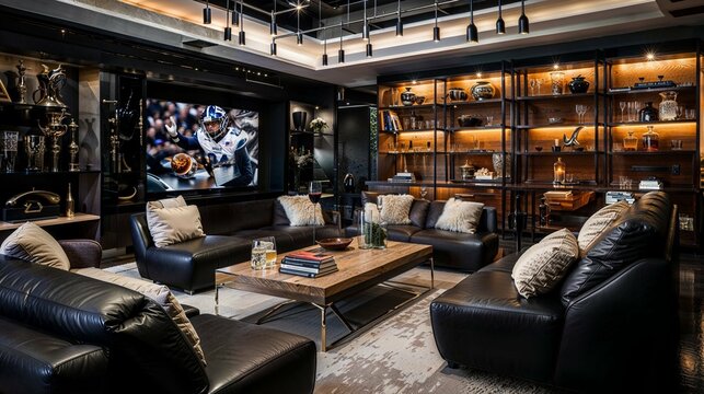 Modern Home Theater with Luxe Leather Seating and Industrial Chic Shelving