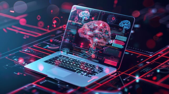 Laptop with illustration of biological technology and physiotherapy treatment