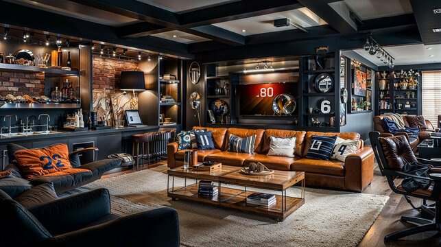 Sleek Sports Lounge with Leather Couches and Memorabilia Display