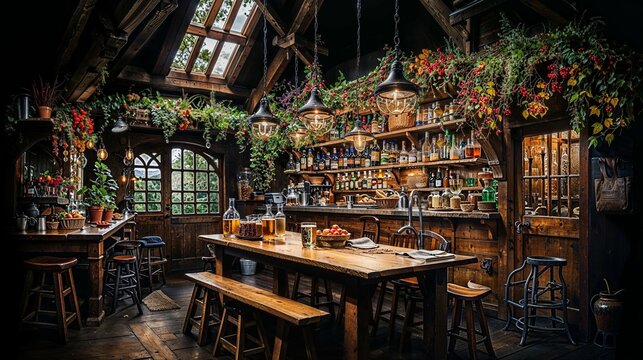 Cozy Rustic Pub Interior with Vintage Charm and Lush Greenery