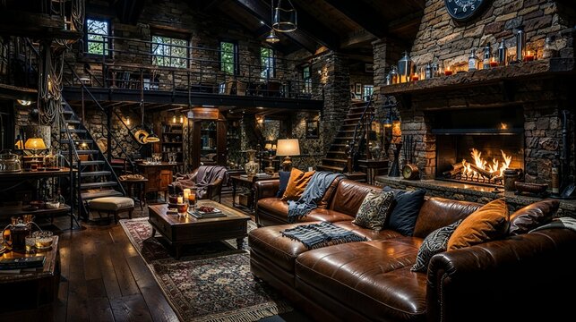 Rustic Luxury Lodge with Stone Fireplace and Cozy Leather Seating