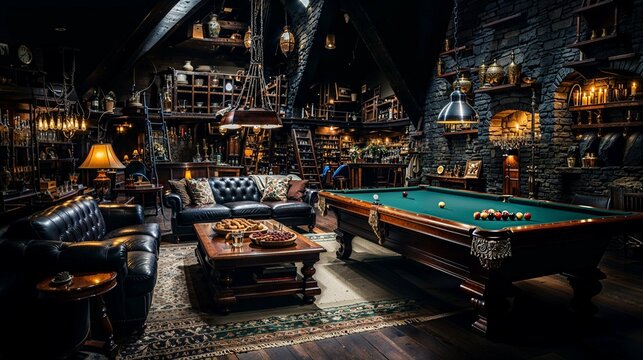 Gentleman&rsquo;s Gaming Retreat with Classic Pool Table and Leather Furnishings