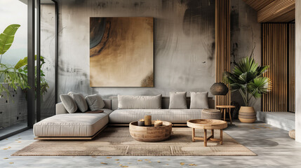 Stylish Modern Living Space with Abstract Art, Natural Textures, and Verdant Accents