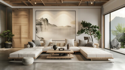 Zen-Inspired Modern Living Room with Minimalist Decor and Traditional Asian Elements