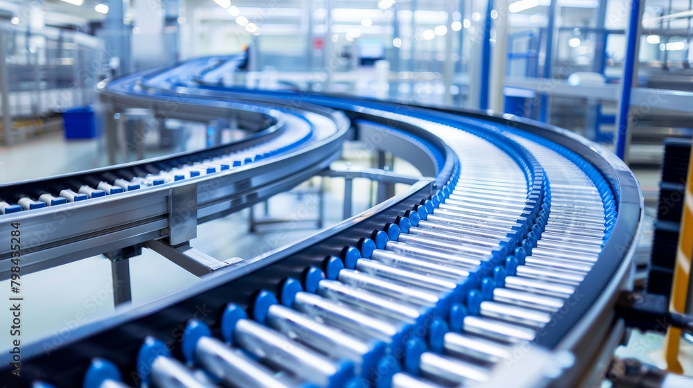 Poster empty conveyor belt in a modern factory, showing a clean and organized industrial environment, with 