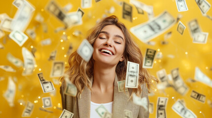 woman is smiling while she is surrounded by money