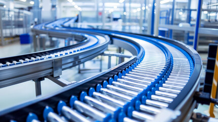 Empty conveyor belt in a modern factory, showing a clean and organized industrial environment, with a concept of automation and production efficiency. Generative AI