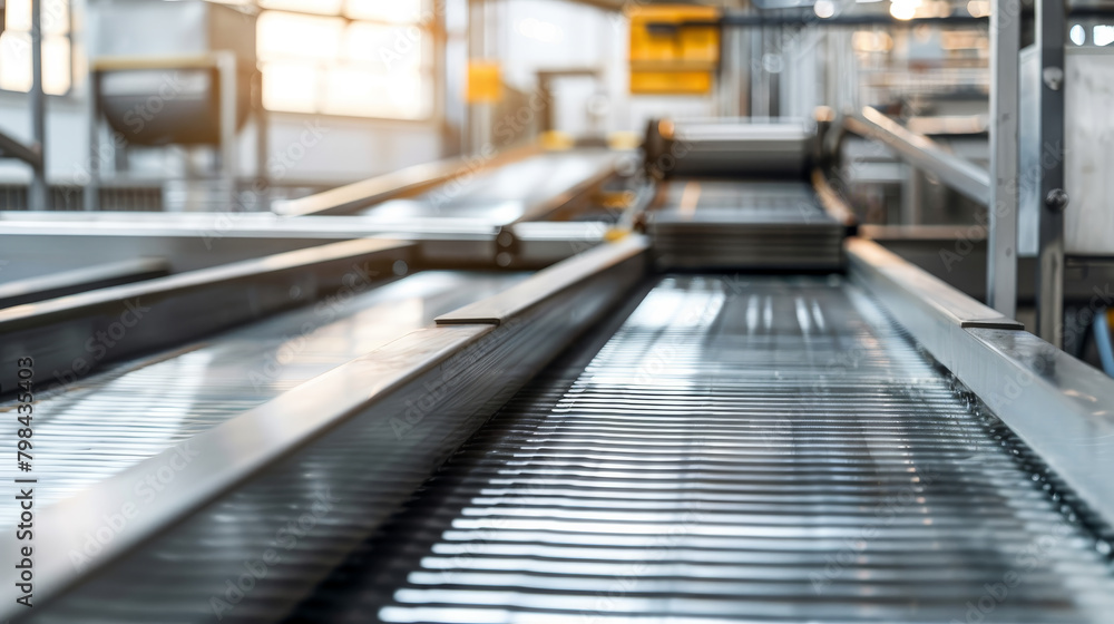 Aufkleber an empty conveyor belt in an industrial factory setting, indicative of the concept of automation and