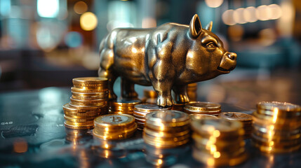 statue of a bull on stock of coins 