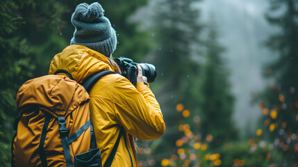 a person with a scarf holding camera travel 