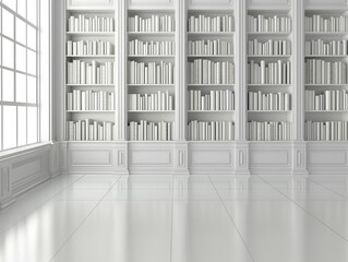 A spacious, empty library interior with white bookshelves filled with books, featuring a bright aesthetic on a light background, Generative AI.