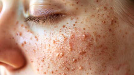 close up of a person's face with a lot of red spots on her skin
