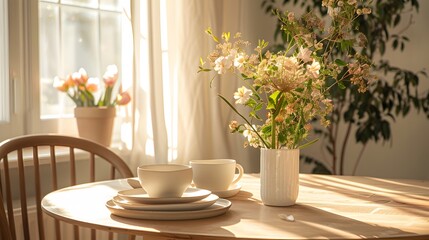 Minimalist style and light luxury, a round table set with three dishes and a cup, with an array of flowers spread out around it.