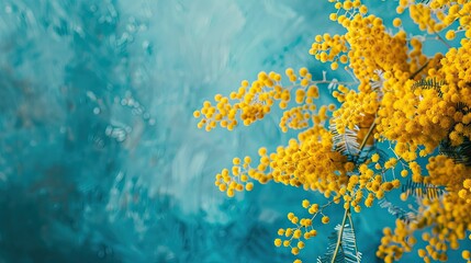 A stunning close up shot of a bouquet of bright mimosa blooms set against a vibrant blue backdrop