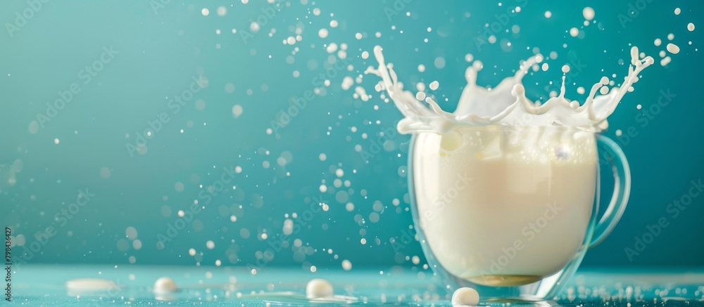 Poster close-up view capturing a single glass holding milk with a splash of water mixing together in a refr