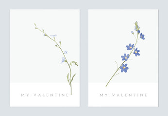 Valentine day greeting card, minimalist blue wildflowers