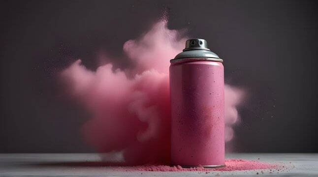 Pink aerosol can with cloud of colored powders stock isolated .Generative AI