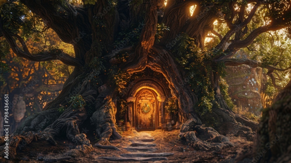 Poster underneath the gnarled roots of an ancient tree a tiny door adorned with intricate carvings appears.