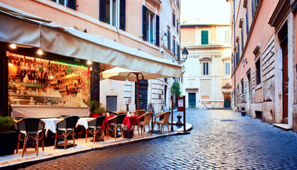 Warm evening light bathes a quiet, inviting street cafe in Rome, highlighting the charm of Italian dining culture. - Powered by Adobe