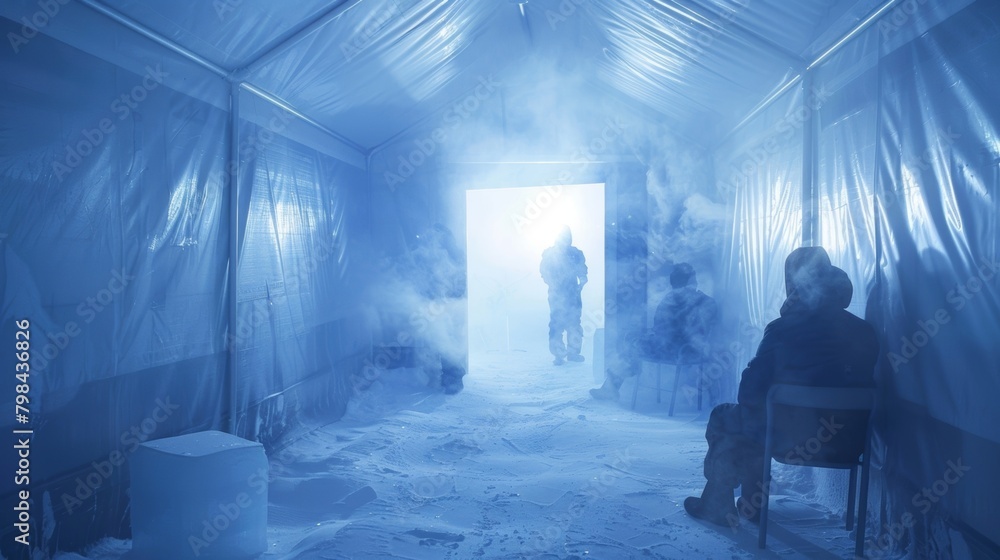 Poster a team of scientists working in the arctic take a break from their research to unwind and warm up in