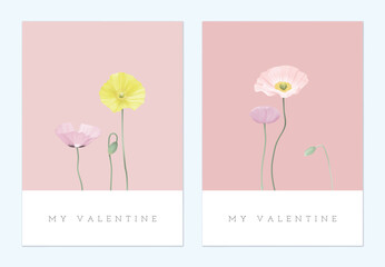 Valentine day greeting card, minimalist colorful poppy flowers