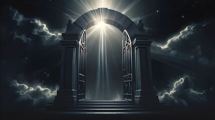 A depiction of the gates to heaven open on dark background with light. Door to heaven. Arched...