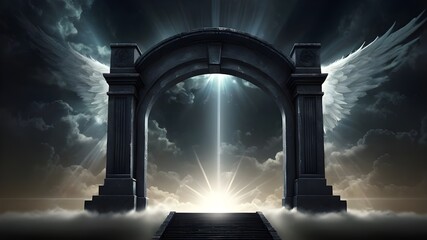 A depiction of the gates to heaven open on dark background with light. Door to heaven. Arched passage open to heaven`s sky. Door opening for way to Heaven and Success with brilliant future ahead. 