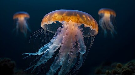 glowing jellyfish chrysaora pacifica underwater isolated .Generative AI