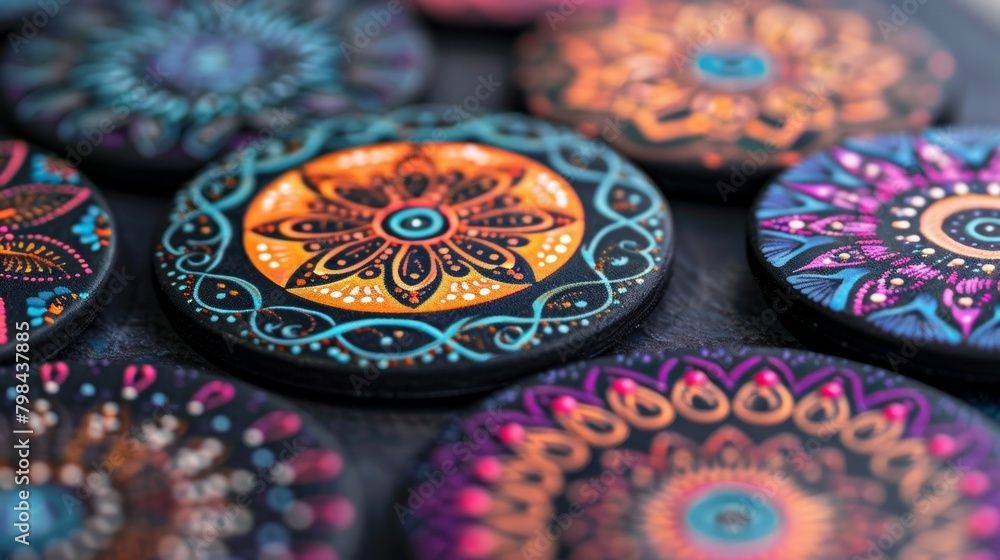 Aufkleber a set of personalized coasters each one uniquely decorated with intricate patterns and colors..