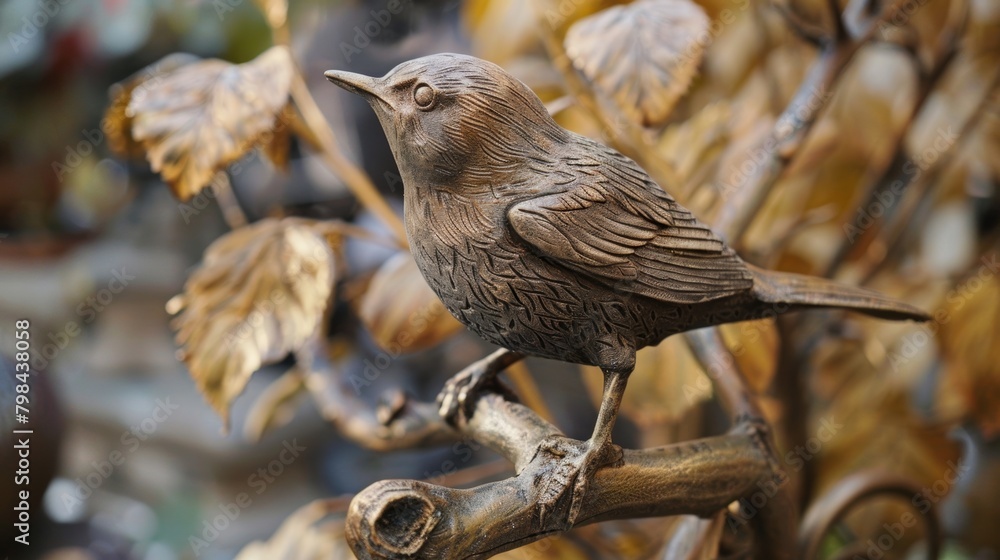 Aufkleber a finished stoneware sculpture of a bird perched on a tree branch proudly stands on display highligh