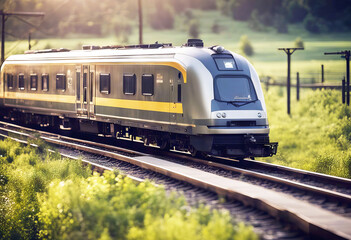 Naklejka premium 'train speeding railway speed transport travel railroad transportation fast motion station vehicle movement locomotive commute modern move perspective journey technology rapid rail track'