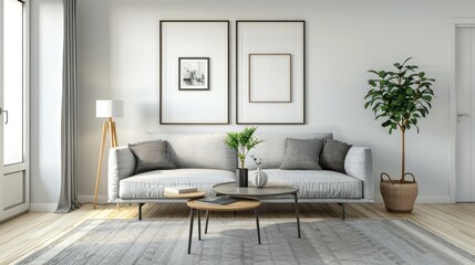 Interior view of the living room of a modern minimalist Scandinavian house, with comfortable sofa chairs, poster frame decorations on the white wall and minimalist interior plants.