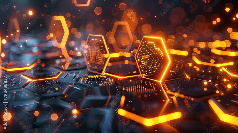 Poster a computer generated image of a colorful, glowing hexagon pattern
