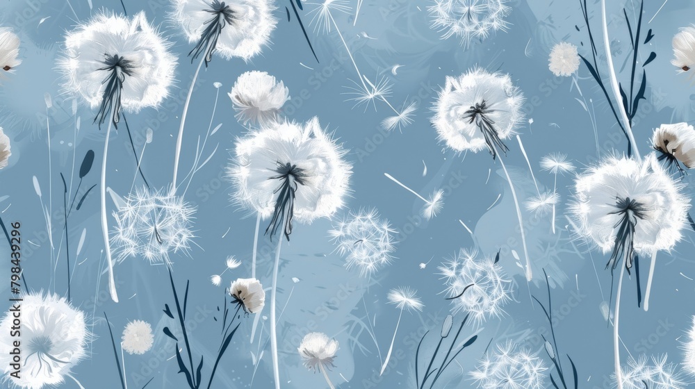 Poster whimsical illustrations of dandelion seed heads with their delicate white strands floating effortles