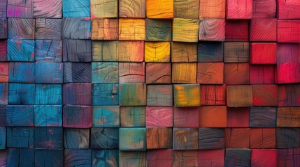 A colorful wall made of wood blocks