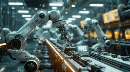 Fototapeta premium Precision robotic arms engaged in automated production on an industrial assembly line, depicting modern manufacturing.