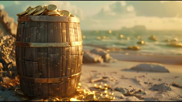 beer barrel filled with gold coins. barrel in slow motion. 4k beach background