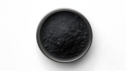 Activated charcoal powder top view isolated on white