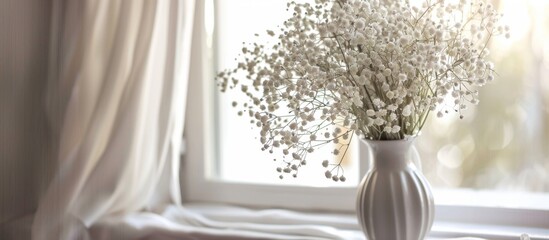 A clear glass vase containing small, delicate baby's breath flowers is placed on a windowsill, illuminated by soft natural light
