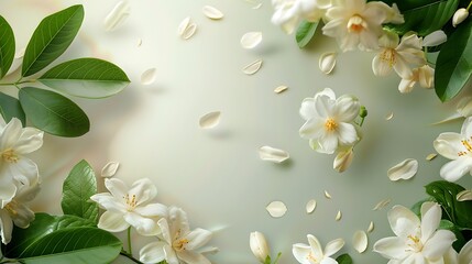 Fototapeta premium A bottle of yellow essence surrounded by white jasmine flowers, with leaves and petals floating in the background. For e-commerce product display