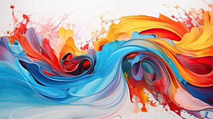 A colorful painting of a wave with blue, red, and yellow colors