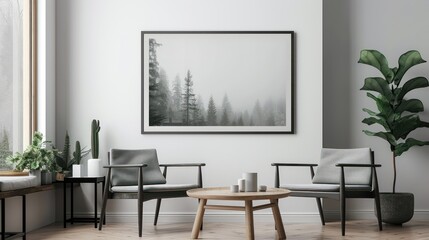 Modern minimalist house room interior with decorated furniture and poster frames on a white wall.